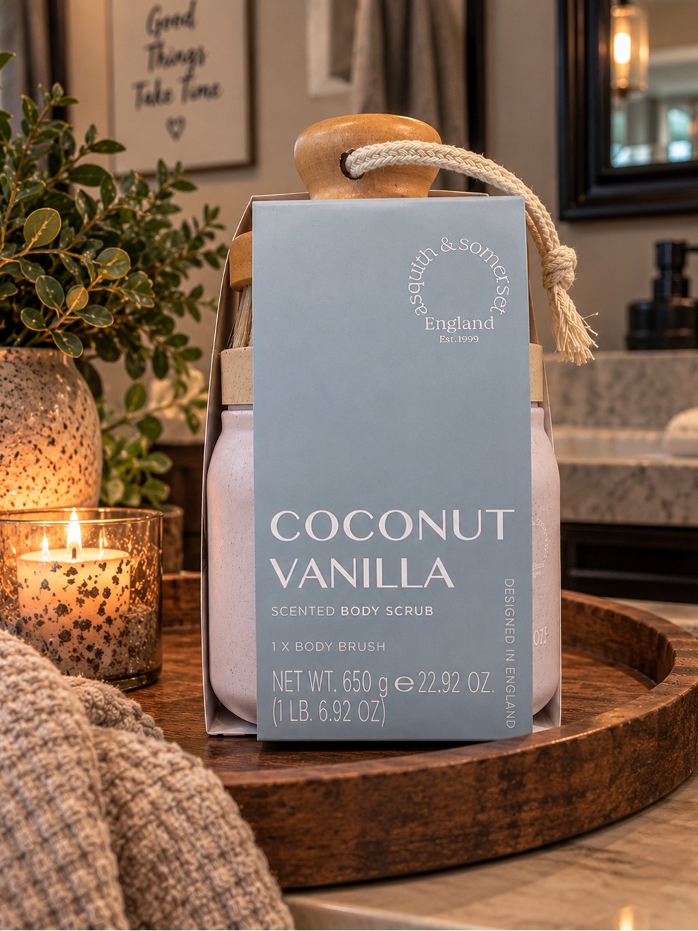 Asquith & Somerset Coconut Vanilla Body Scrub & Body Brush Set – 22.92 oz